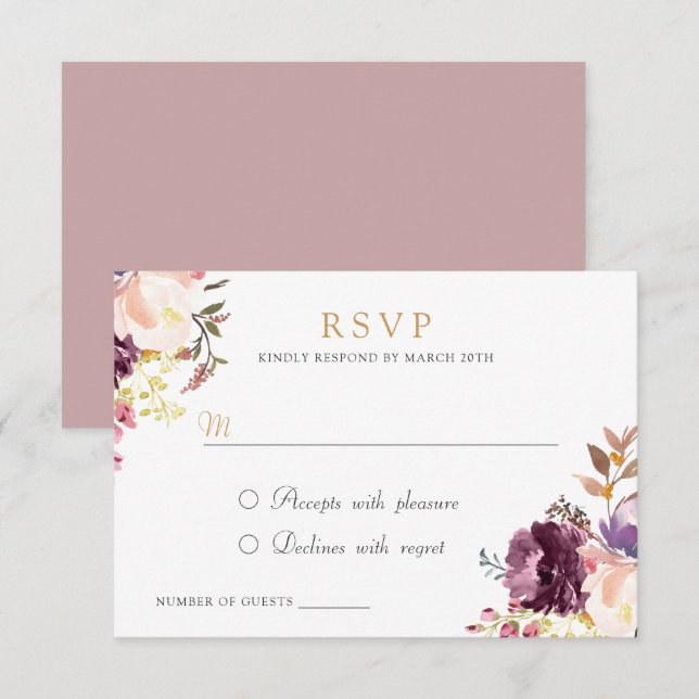 Convite RSVP Elegante de Lavanda Púrpura de Aquarela Flora (Frente/Verso)