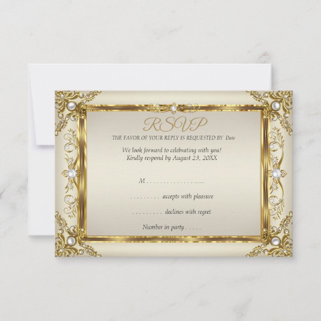 Convite RSVP Elegante Dourado Cream Pearl Damask Aniversár (Frente)