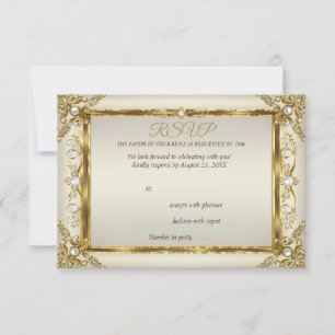 Convite RSVP Elegante Dourado Cream Pearl Damask Aniversár