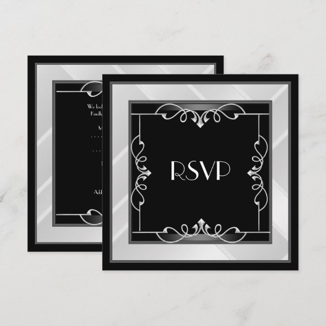 Convite RSVP Elegante Preto Prata Branco Art Déco (Frente/Verso)