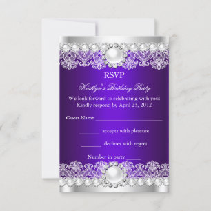Convite RSVP Elegante Renda Roxa Real Pérola Aniversário