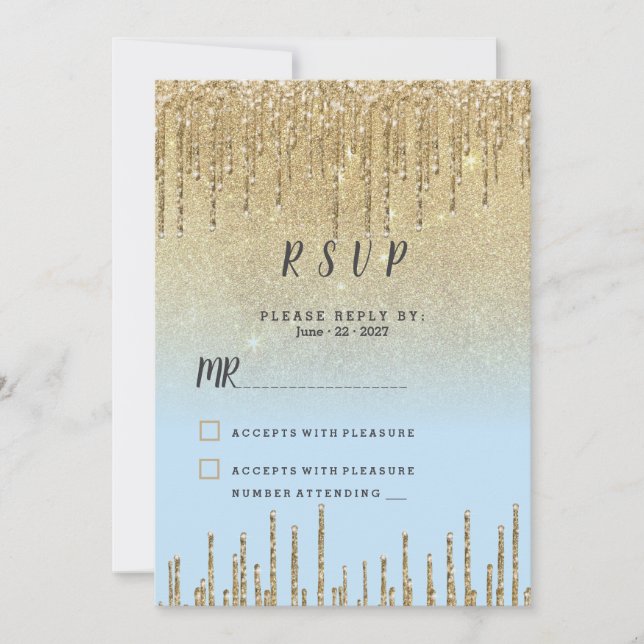 Convite RSVP em letra cursiva com brilho dourado e azul te (Frente)