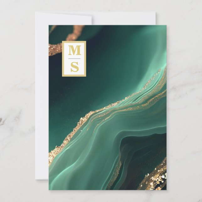 Convite *~ RSVP Emerald Green Iniciais QR AR66 Casamento (Frente)