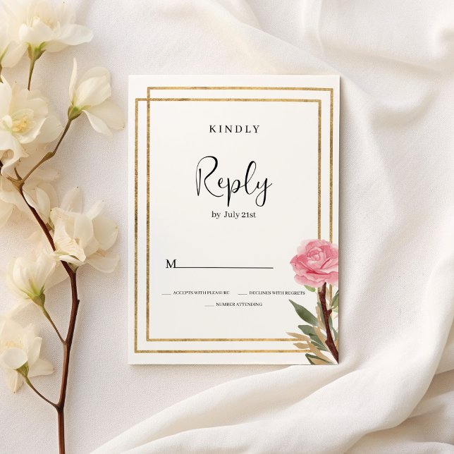 Convite RSVP — Flor de menta rosa dourada branca geométric (Geometric white gold pink mint flower RSVP)