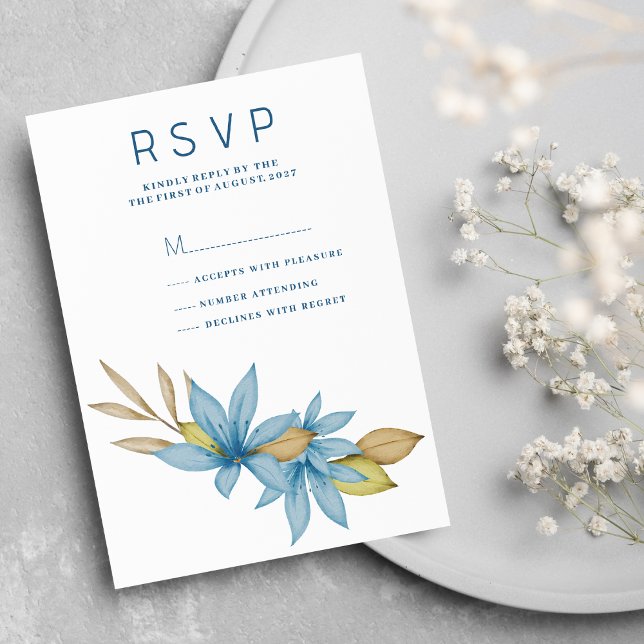 Convite RSVP floral azul de cor aquosa simples (Simple watercolor brown blue floral RSVP )
