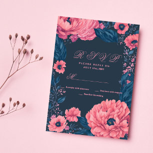 Convite RSVP floral cor azul marinho cor-de-rosa-coral
