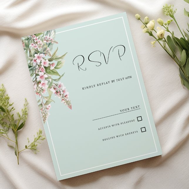 Convite RSVP floral da horta rosa com casca de água (Watercolor blush pink mint floral RSVP )
