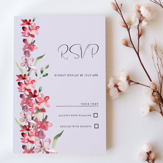 Convite RSVP floral da minhoca rosa-lavanda (Lavender pink burgundy mint floral RSVP)