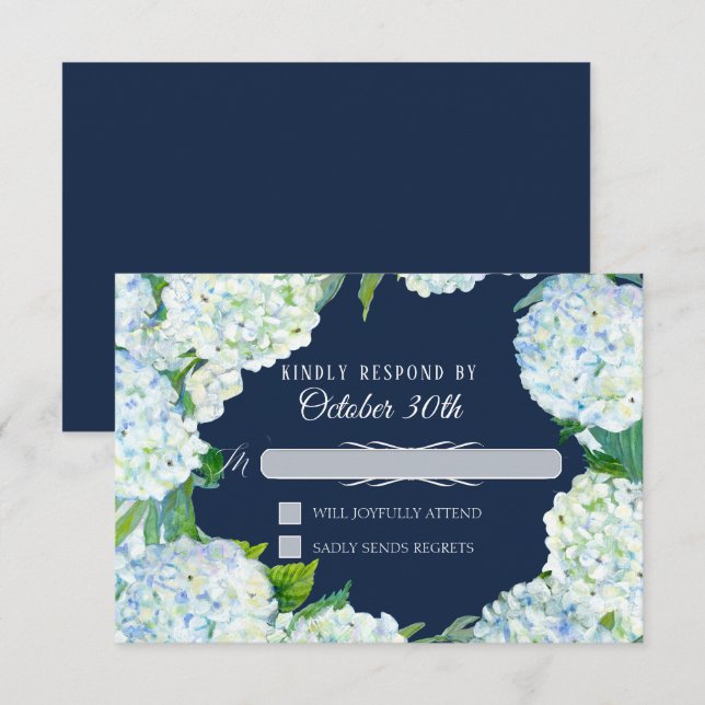 Convite RSVP Floral de Casamento Hydrangea Branca Azul Nav (Frente/Verso)