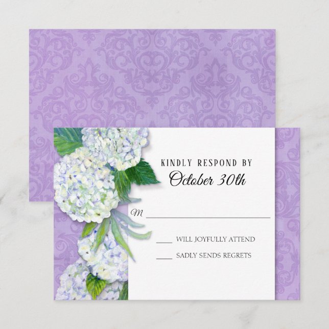 Convite RSVP Floral de Casamento Hydrangea Lavanda Damasco (Frente/Verso)