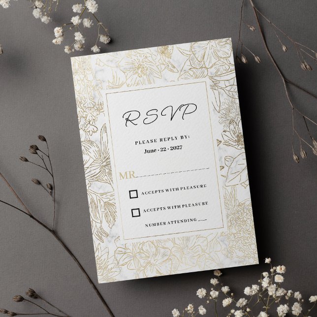 Convite RSVP floral de cinza branca Elegante (Elegant white gold gray marble floral RSVP)