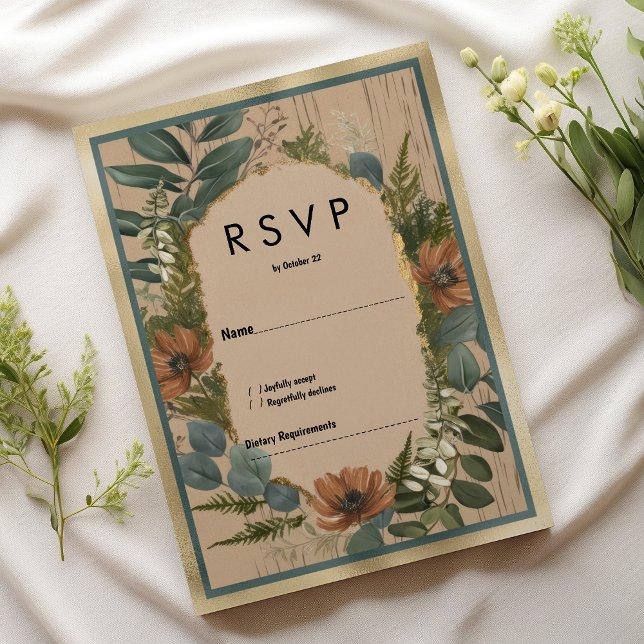 Convite RSVP floral de horta de ouro marrom-russa (Rustic brown orange gold mint floral RSVP)