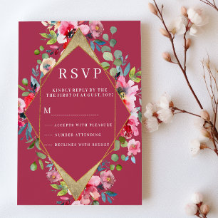 Convite RSVP floral de hortelã-rosa-burgundy geométrico