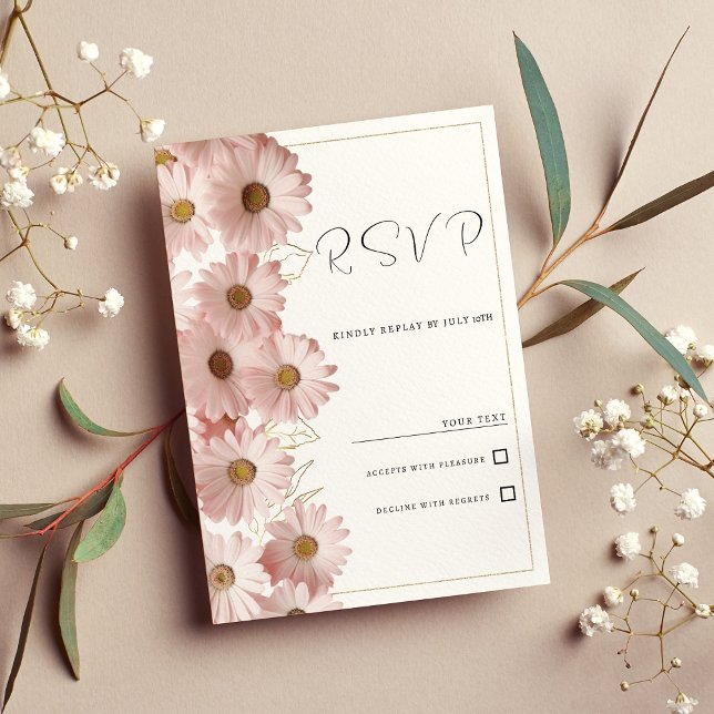 Convite RSVP floral de margarida cor-de-rosa-pincelada (Botanical blush pink gold daisy floral RSVP )