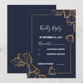 Convite RSVP floral de marinho e ouro