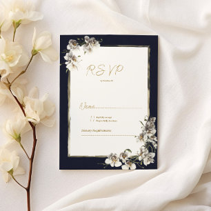 Convite RSVP floral de orquídea branca azul-marinho Elegan