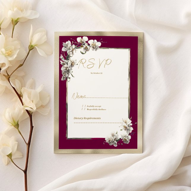 Convite RSVP floral de orquídea branca-burgundy Elegante (Elegant burgundy gold white orchid floral RSVP)