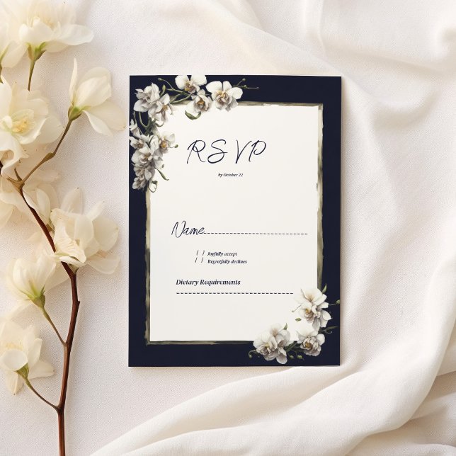 Convite RSVP floral de orquídea branca de ouro azul-marinh (Luxury navy blue gold white orchid floral RSVP)