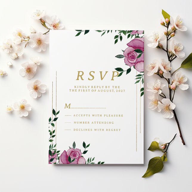 Convite RSVP floral de ouro lilás aquoso (Watercolor lilac green gold floral RSVP )