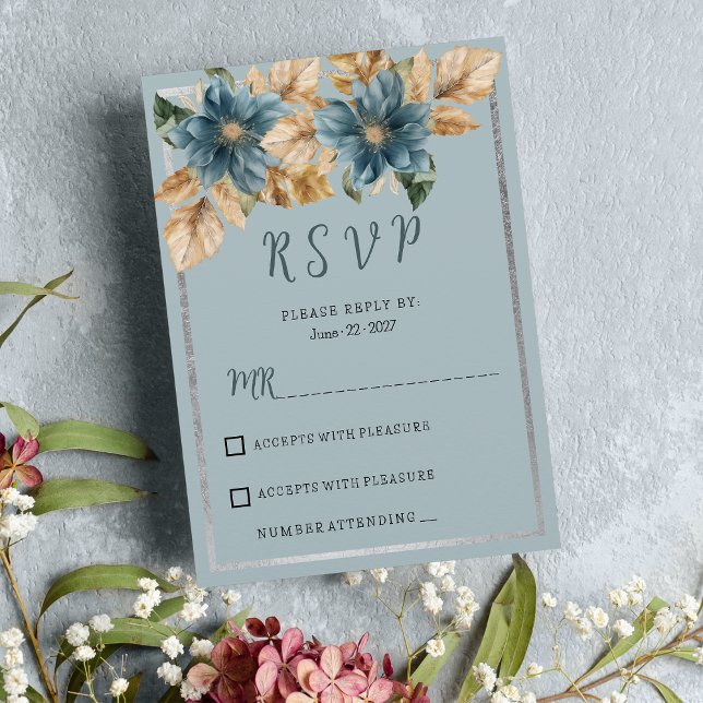 Convite RSVP floral de prata azul-marrom botulínico (Botanic mauve blue brown silver floral RSVP)