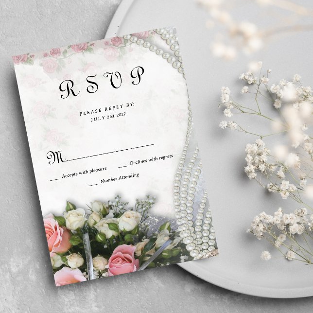 Convite RSVP floral de rosa branco-chic rosa-rosa-vírgula (Vintage chic pink white rose floral RSVP )