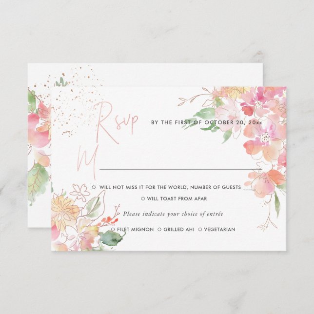 Convite RSVP Floral do Romance PixDezines Blushing w Meal (Frente/Verso)