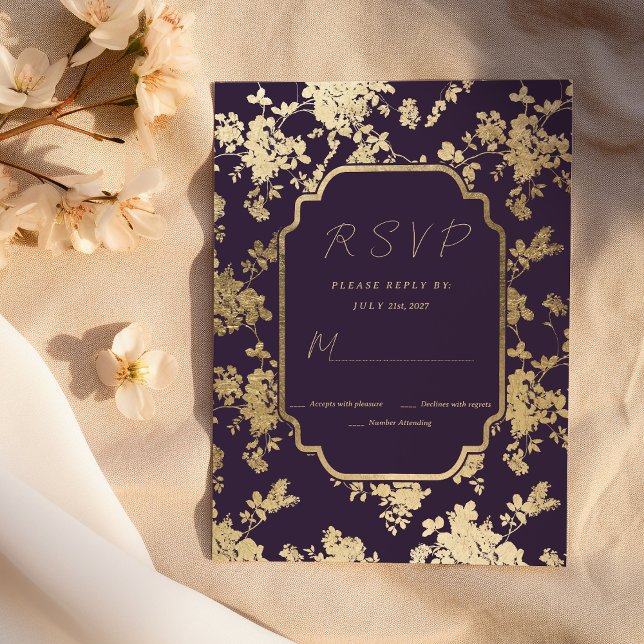 Convite RSVP Floral Dourado Roxo Púrpura Escuro do Estilo  (Elegant Style Dark Purple Gold Floral RSVP )