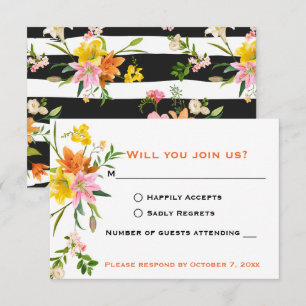 Convite RSVP Floral Lírios Laranja Branco Listra Preta