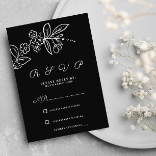 Convite RSVP floral preto simples e branco