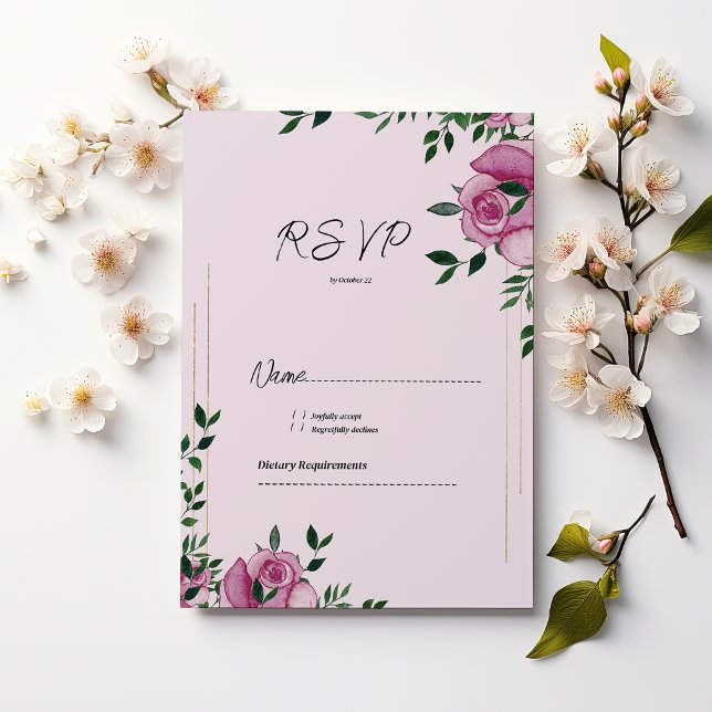 Convite RSVP floral rosa de ouro lilado aquoso (Watercolor lilac green gold rose floral RSVP )