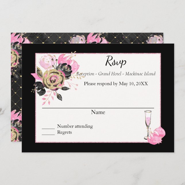 Convite Rsvp floral rosa, preto e dourado. (Frente/Verso)
