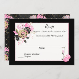 Convite Rsvp floral rosa, preto e dourado.