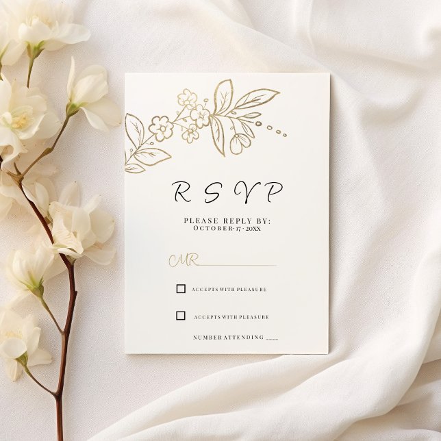 Convite RSVP floral simples de ouro branco-chic elegante (Elegant chic white gold simple floral RSVP )