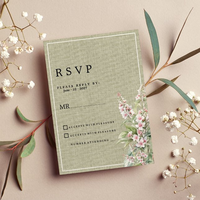 Convite RSVP floral verde-rosa-russa da horta (Rustic pink mint green botanical floral RSVP)