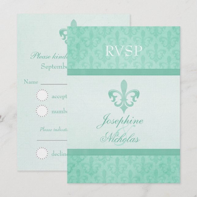 Convite RSVP formal de casamento verde menta Fleur De Lis (Frente/Verso)