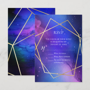 Convite RSVP Geométrico Dourado da Nebula Celestial Roxo