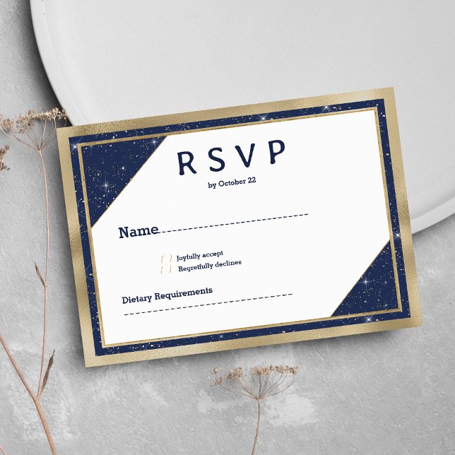 Convite RSVP geométrico marinho de ouro branco (White gold navy blue glitter geometric RSVP )
