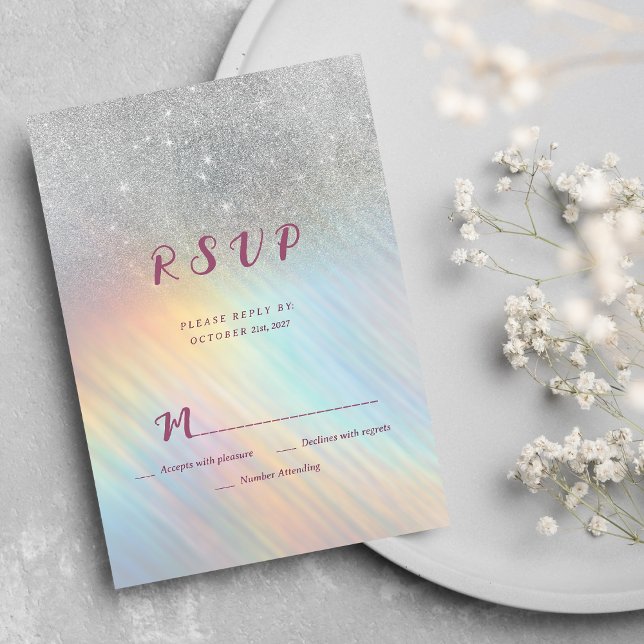 Convite RSVP holográfico de arco-íris com brilho prateado (Silver glitter rainbow holographic RSVP)