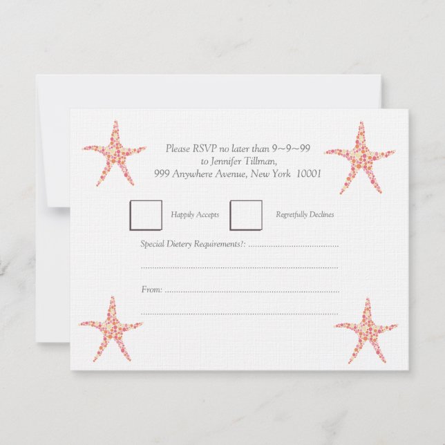 Convite RSVP Honeysuckle Peach Starfish Beach Invite (Frente)