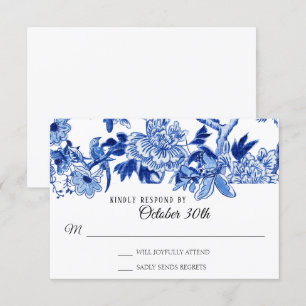Convite RSVP Influência Asiática Azul Branco Floral Chinoi