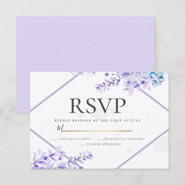 Convite RSVP | Lavanda de aquarelas - Florestas azuis empo (Frente/Verso)