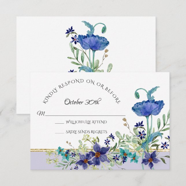 Convite RSVP Lavanda de Casamento Azul Papoila Aquarela Fl (Frente/Verso)