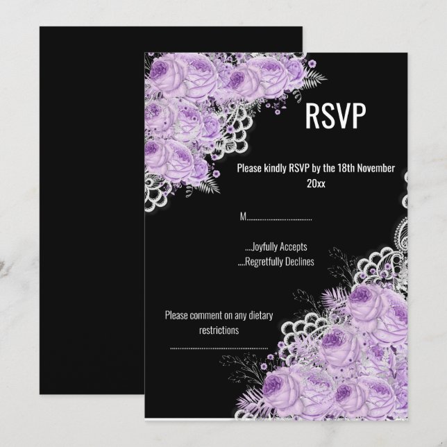 CONVITE RSVP MODERNO ELEGANT FLORAL ROXO (Frente/Verso)