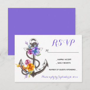 Convite RSVP Náutico Floral Âncora Roxo Casamento Praia