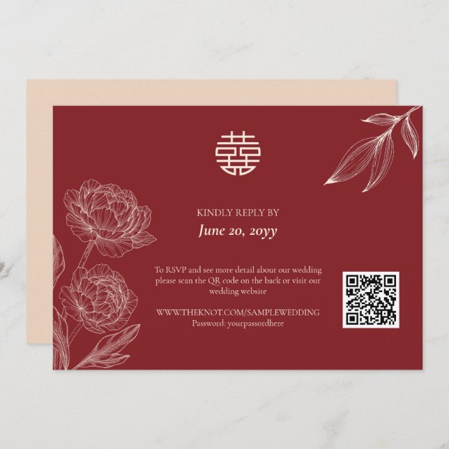 Convite RSVP para Casamento Chinês Floral Elegante (Frente/Verso)
