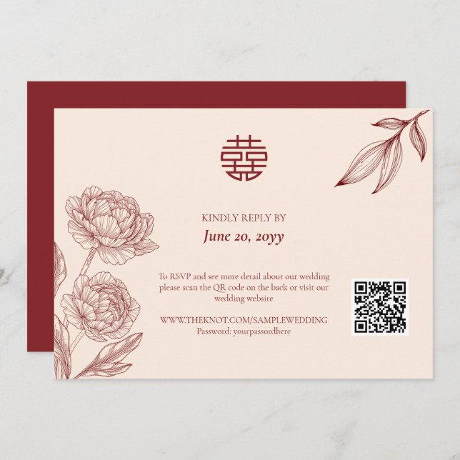 Convite RSVP para Casamento Chinês Floral Elegante (Frente/Verso)