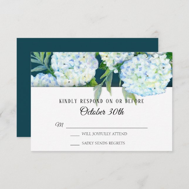 Convite RSVP Pintado Hydrangeas Brancas Pintadas Azul Peac (Frente/Verso)
