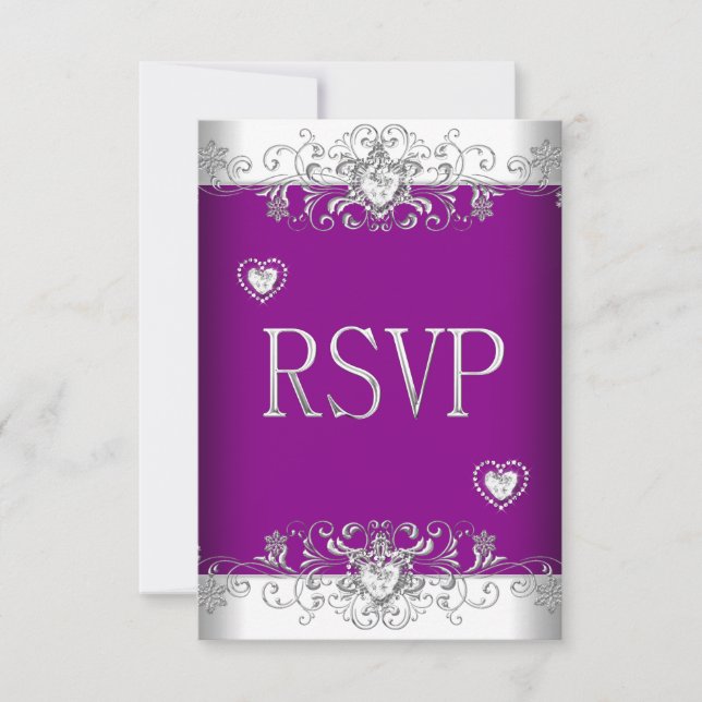 Convite RSVP Plum Pink Wedding White Diamond Hearts (Frente)
