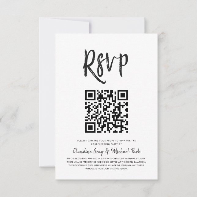 Convite RSVP por Código QR | Estilo de Script Branco Preto (Frente)