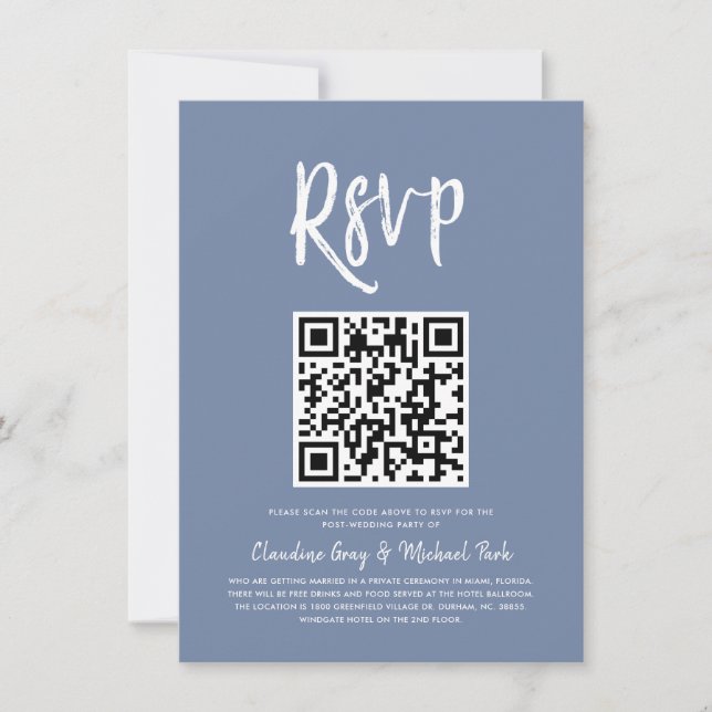 Convite RSVP por Código QR | RSVP do Estilo de Script Azul (Frente)